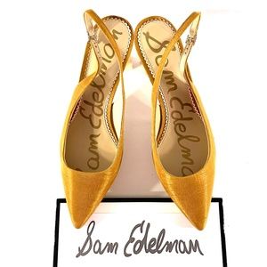 Sam Edelman Pointy-Toe Gold Bronze Silk Slingback Pumps size 10 kitten heel 40mm